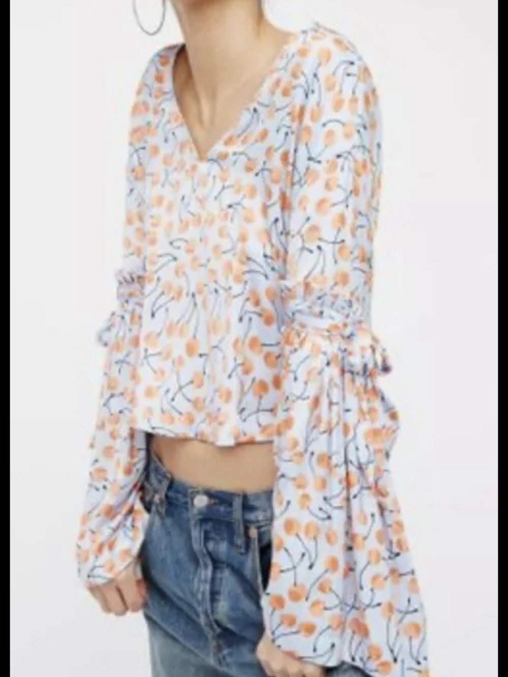 Free People Cherry Pie Blue and Orange Bell Sleeve Retro Top size S